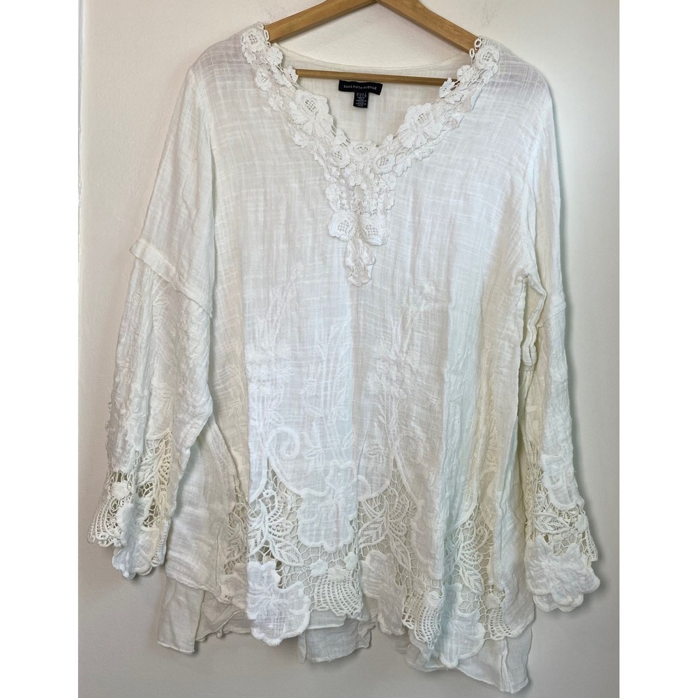 Saks Fifth Avenue Blouse Women L White Linen Lace Italy Boho Coastal Peasant
